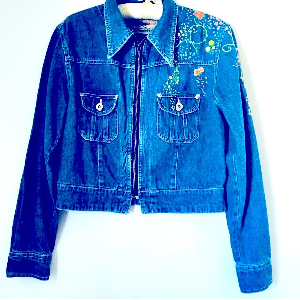 Express hand embroidered, floral design cropped, jean jacket. Size small